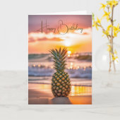 Verjaardag Ananas op Sunset Beach Kaart (Gele Bloem)