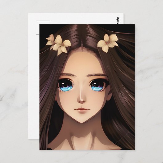 Verjaardag Anime Meisje met Blauwe Ogen en Bruin H Briefkaart (Voorkant / Achterkant)