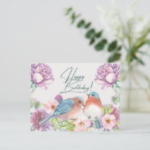 Verjaardag Aquarel Bloemen, Vogels  Briefkaart (Staand voorkant)