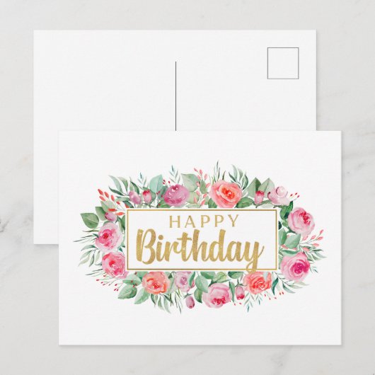 Verjaardag Aquarel Roze Rozen Briefkaart (Voorkant / Achterkant)