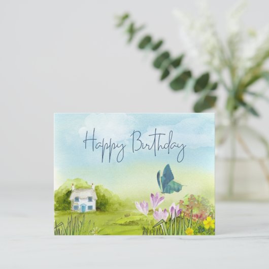 Verjaardag Aquarel Zomer Cottage Briefkaart (Staand voorkant)