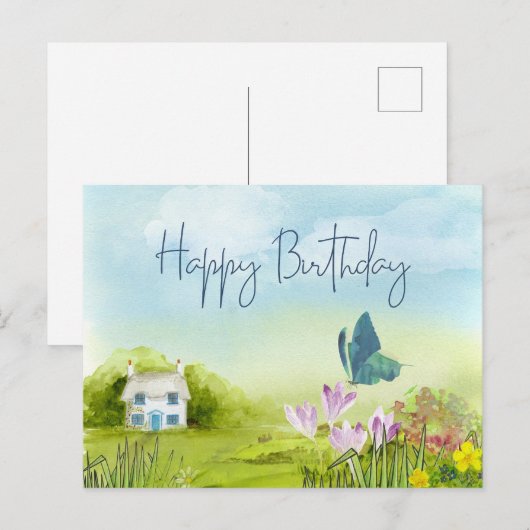 Verjaardag Aquarel Zomer Cottage Briefkaart (Voorkant / Achterkant)