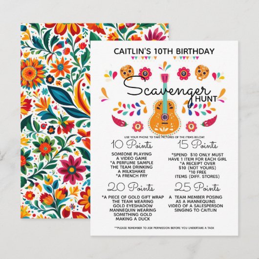 Verjaardag Ascavenger Hunt Spel kinder Fiesta Part Aankondigingskaart (Voorkant / Achterkant)