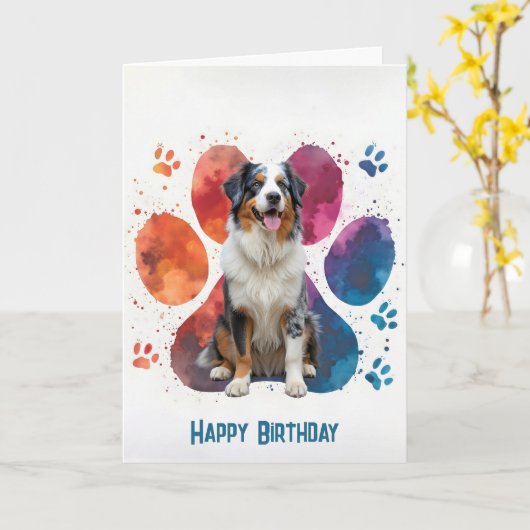 Verjaardag Australian Shepherd Pawprint Kaart (Gele Bloem)