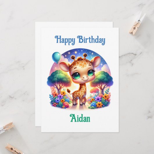 Verjaardag Baby Giraffe Fantasy Safari Kaart (Voorkant / Achterkant in situ)