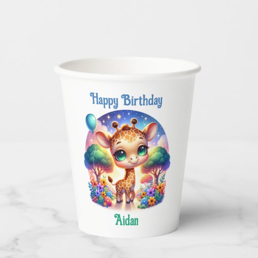 Verjaardag Baby Giraffe Fantasy Safari Papieren Bekers (Voorkant)