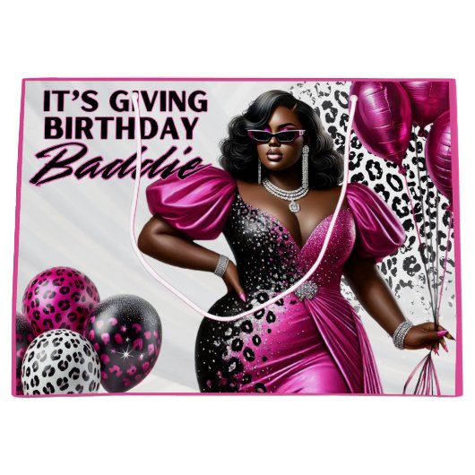 Verjaardag Baddie Black Woman Pink & Leopard Groot Cadeauzakje (Voorkant)