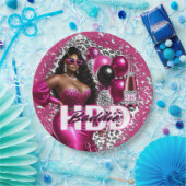 Verjaardag Baddie Black Woman Pink & Leopard Papieren Bordje (Feest)