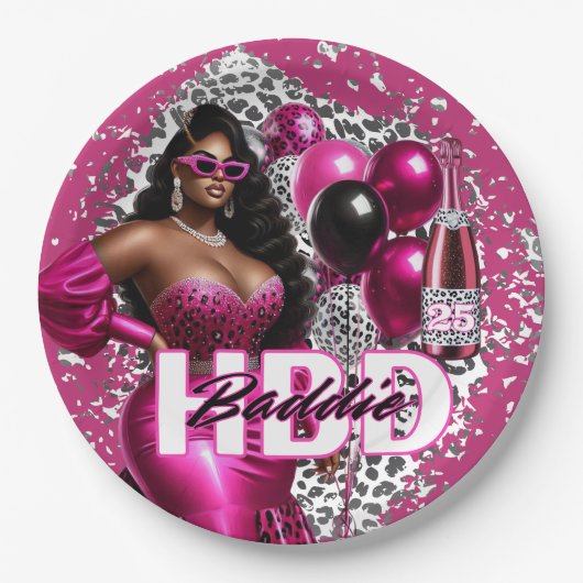 Verjaardag Baddie Black Woman Pink & Leopard Papieren Bordje (Voorkant)