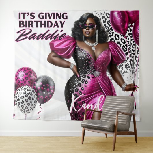 Verjaardag Baddie Black Woman Pink & Leopard Wandkleed (In Situ (horizontaal))