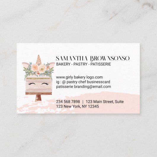 Verjaardag Bakery Unicorn Cake Blush Pink Visitekaartje (Achterkant)