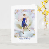 Verjaardag, Ballerina in blauw op een witte roos Kaart (Gele Bloem)