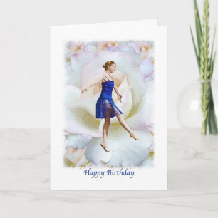 Verjaardag, Ballerina in blauw op een witte roos Kaart