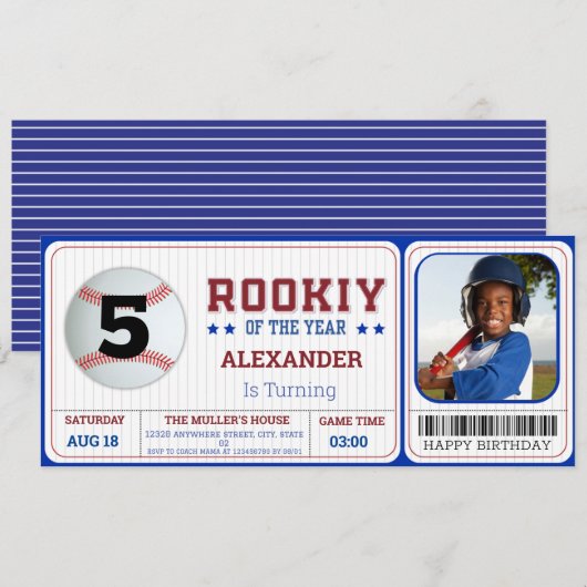 Verjaardag Baseball Ticket FOTO Uitnodiging (Voorkant / Achterkant)