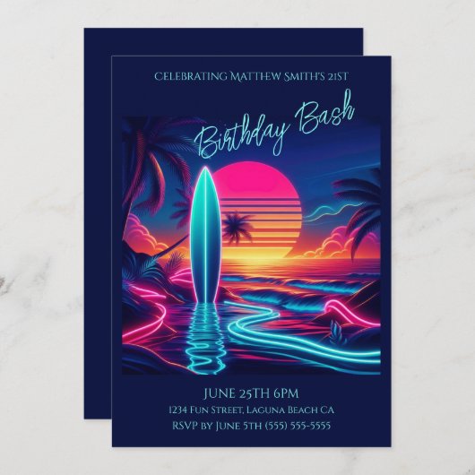 Verjaardag Bash-Sunset Surfboard Neon Lights- Kaart (Voorkant / Achterkant)