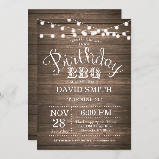 Verjaardag BBQ Uitnodiging Rustieke 20e Verjaardag (Voorkant / Achterkant)