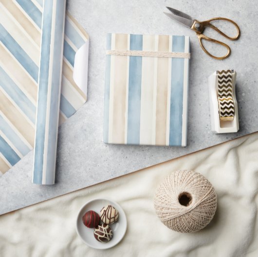 Verjaardag Beach Blue Cream Strepen Cadeaupapier (Crafts)