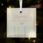 Verjaardag Beach Club Glas Ornament<br><div class="desc">Verjaardag beach club met retro cabana strepen en schelpen</div>