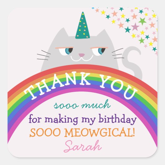 Verjaardag Bedankt Sticker Regenboog Kat Schattig (Voorkant)
