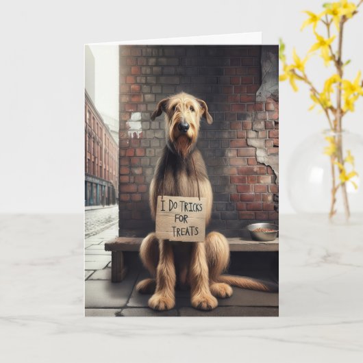 Verjaardag bedelen hond met karton teken kaart (Gele Bloem)