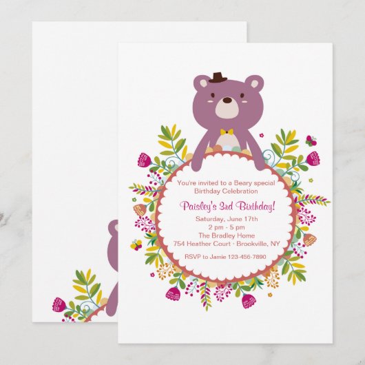 Verjaardag Beer Invitation Kaart (Voorkant / Achterkant)