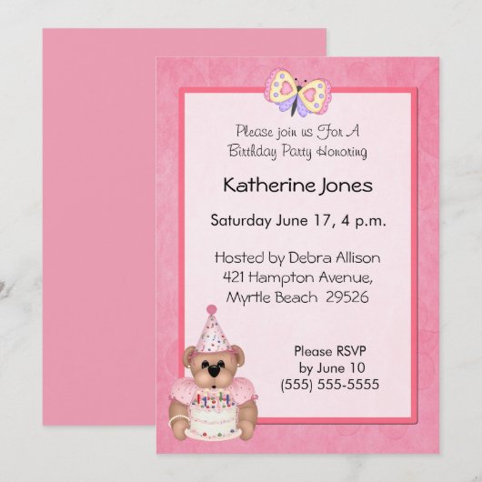 Verjaardag Beer Invitation Kaart (Voorkant / Achterkant)