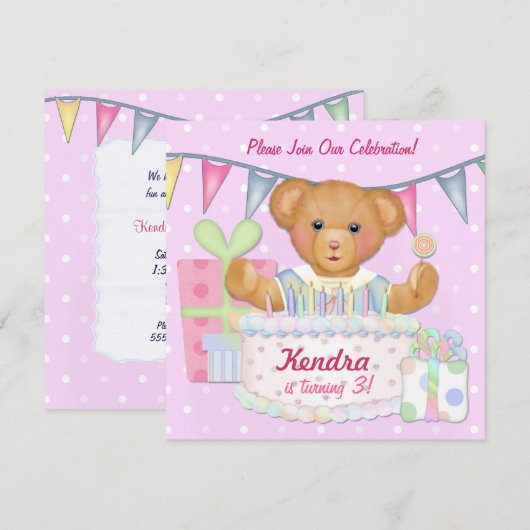 Verjaardag Beer Meisje - Derde Verjaardag Kaart (Voorkant / Achterkant)