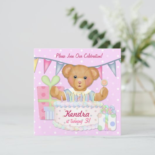 Verjaardag Beer Meisje - Derde Verjaardag Kaart (Staand voorkant)