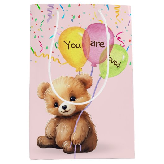 Verjaardag Beer met ballonnen en Confetti Medium Cadeauzakje (Voorkant)