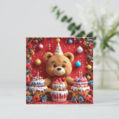 Verjaardag beer met taart en ballonnen kaart (Staand voorkant)