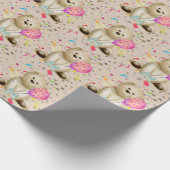 Verjaardag Beer & roze ballon inpakpapier (Hoek)