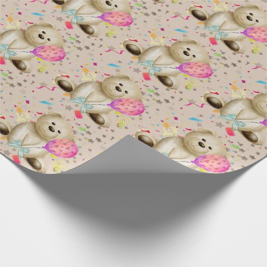 Verjaardag Beer & roze ballon inpakpapier (Hoek)