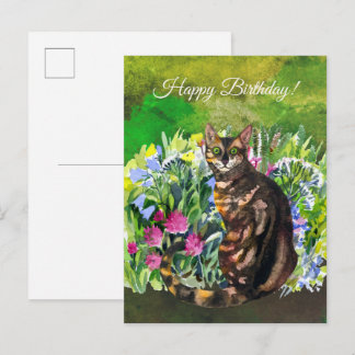 Verjaardag Bengaalse kat met bloemen Briefkaart