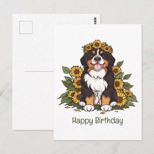 Verjaardag Berner Sennenhond Zonnebloem Kroon Briefkaart (Voorkant / Achterkant)