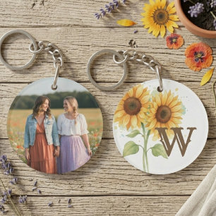 Verjaardag Beste Vriend Zonnebloem Monogram Foto Sleutelhanger