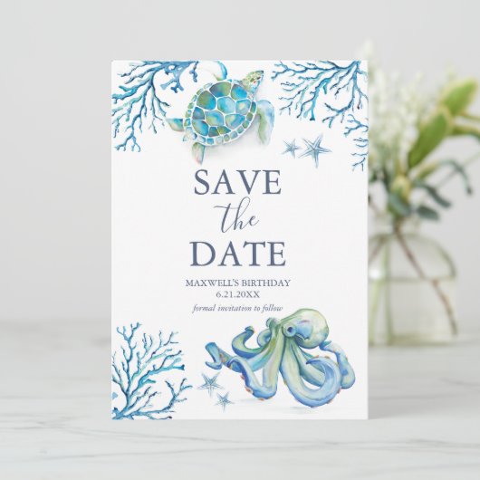 Verjaardag Bewaar de datumkaarten onder het Zee Save The Date (Staand voorkant)