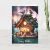 Verjaardag Birdhouse met Neon Open Sign Kaart (Voorkant)