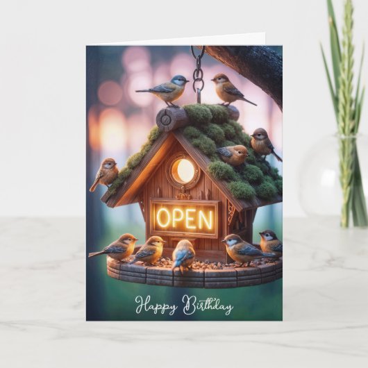Verjaardag Birdhouse met Neon Open Sign Kaart (Voorkant)