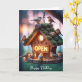 Verjaardag Birdhouse met Neon Open Sign Kaart (Gele Bloem)