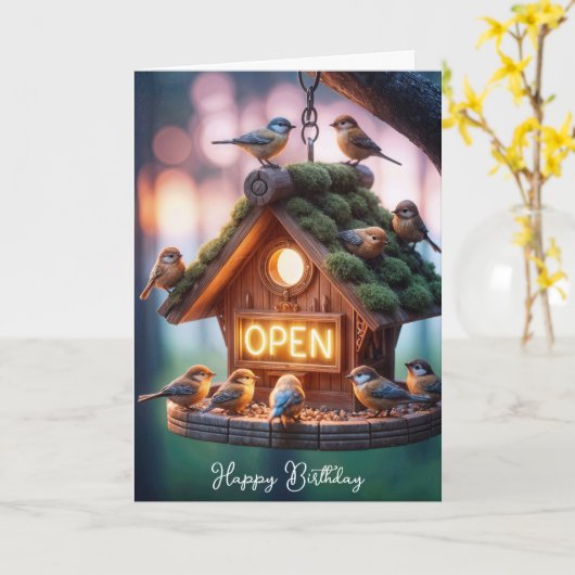 Verjaardag Birdhouse met Neon Open Sign Kaart (Gele Bloem)
