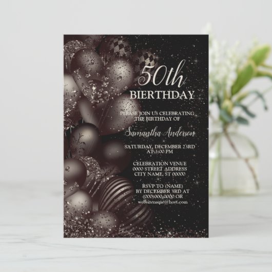 Verjaardag Black Glitter Balloons Sparkle Party Kaart (Staand voorkant)