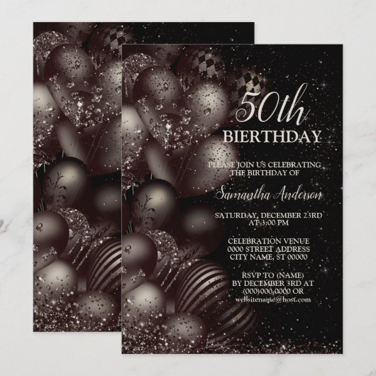 Verjaardag Black Glitter Balloons Sparkle Party Kaart (Voorkant / Achterkant)