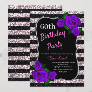 Verjaardag Black Pink Stripes Glitter Paarse Rozen Kaart