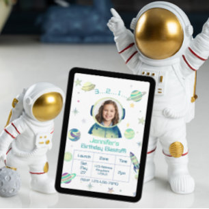 Verjaardag Blastoff Aquarel Ruimte met Afbeelding Kaart