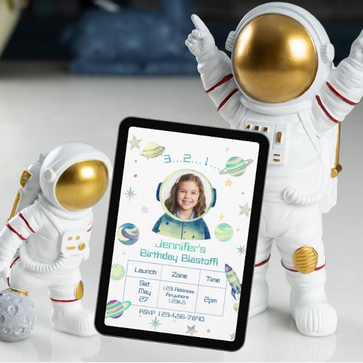 Verjaardag Blastoff Aquarel Ruimte met Afbeelding Kaart