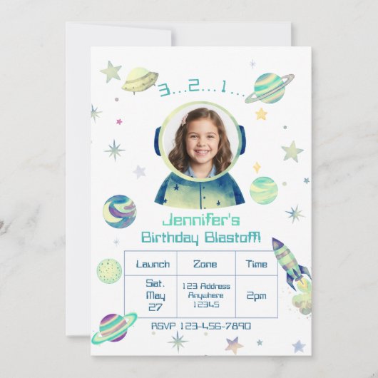 Verjaardag Blastoff Aquarel Ruimte met Afbeelding Kaart (Voorkant)