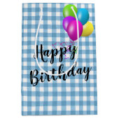 Verjaardag Blauw en Wit Gingham Medium Cadeauzakje (Voorkant)