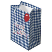 Verjaardag Blauw en Wit Gingham Medium Cadeauzakje (Voorkant Gekanteld)
