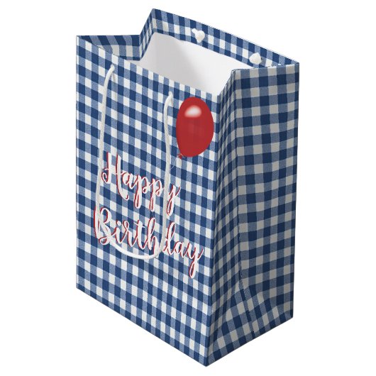 Verjaardag Blauw en Wit Gingham Medium Cadeauzakje (Voorkant Gekanteld)