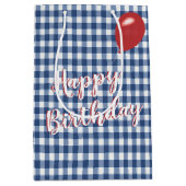 Verjaardag Blauw en Wit Gingham Medium Cadeauzakje (Voorkant)